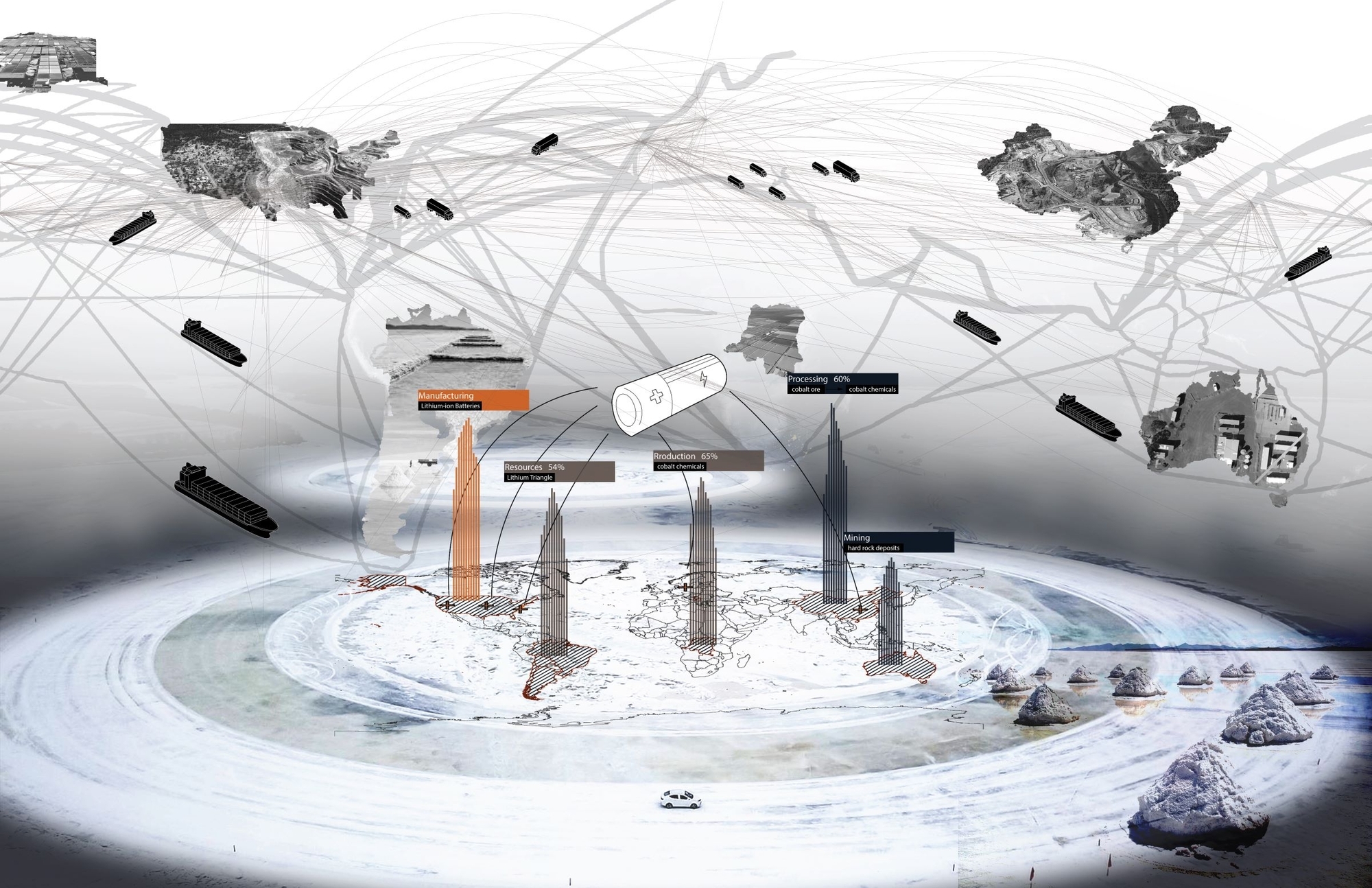 Map of the globe showing the supply chain for production of lithium-ion batteries