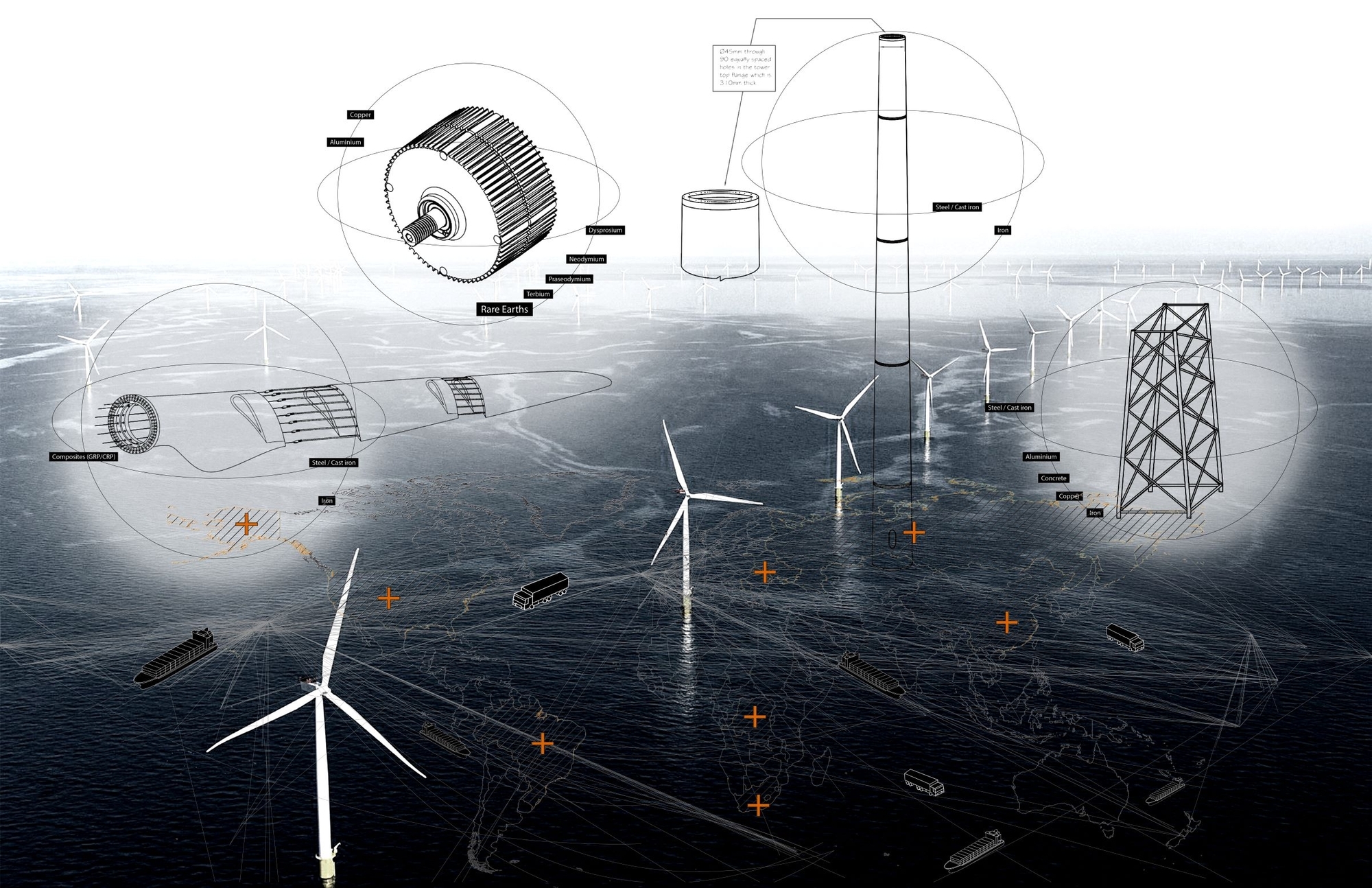 Map of the globe showing wind turbines