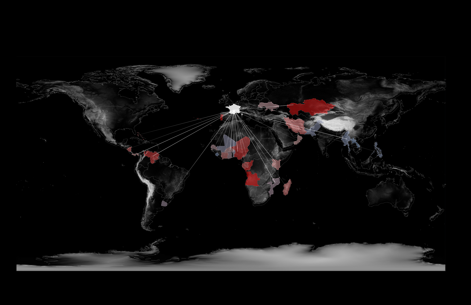 Map of the globe showing the Foreign Direct Investment outflow (money moving from a country out to other countries) from France