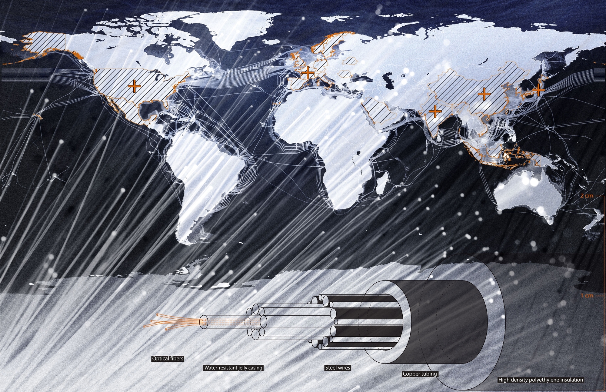 Map of the globe showing material elements of internet infrastructure