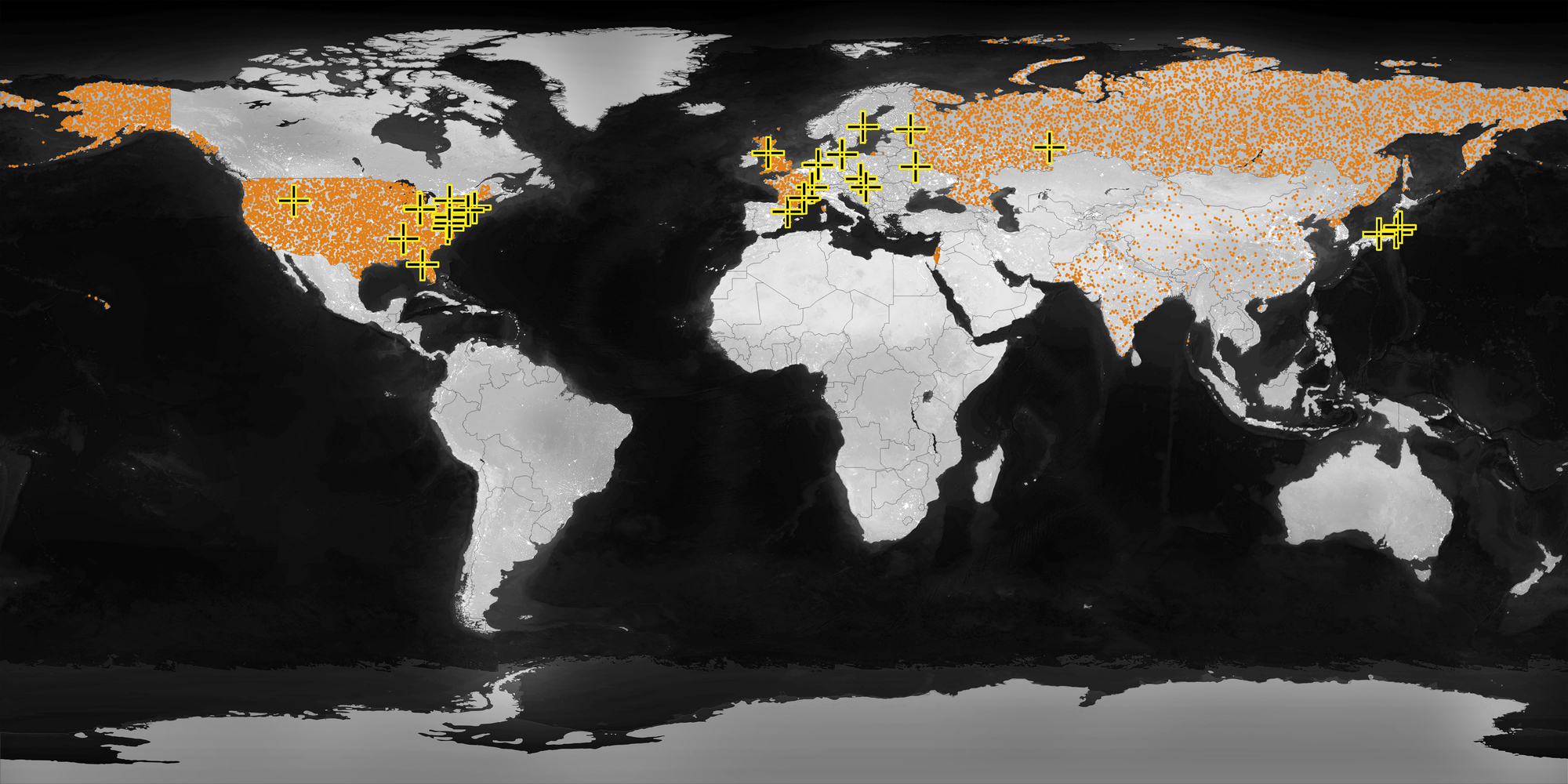 Map of the globe showing countries with a nuclear warhead arsenal