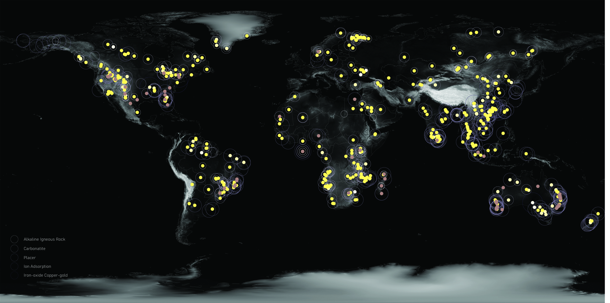 Map of the globe showing rare earth deposits around the world in relation to the quantity of minerals yet to be extracted