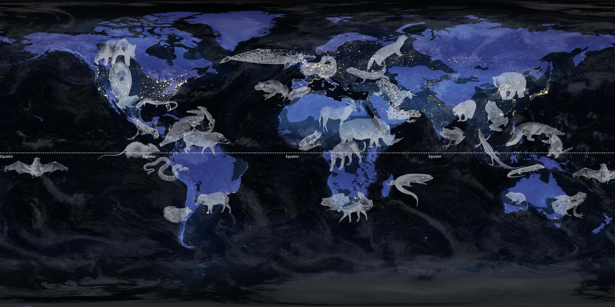 Map of the globe showing the images of extinct animals hovering over the places they once existed