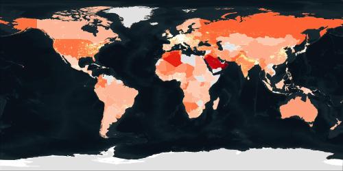 Map of the globe showing planetary militarization expenditure as a percentage of GDP