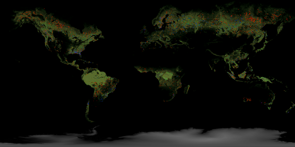 Map of the globe showing deforestation around the world