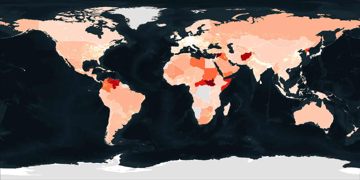 Map of the globe showing the cost of violence as a percentage of GDP