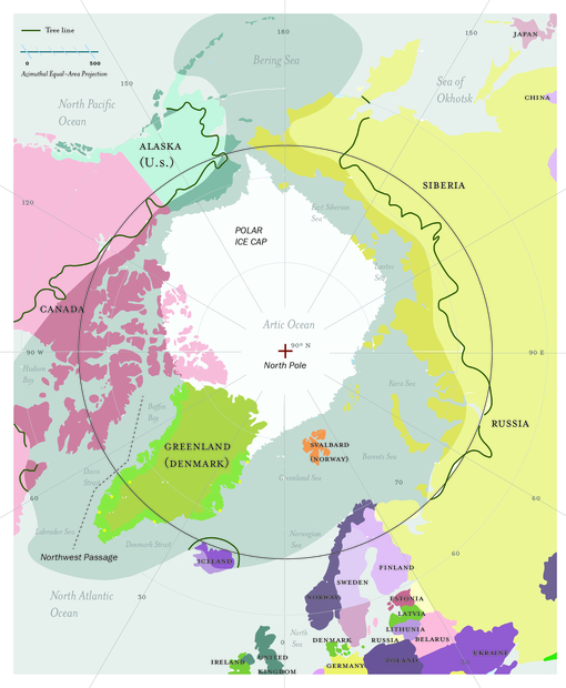 Map showing the polar region of the Arctic 